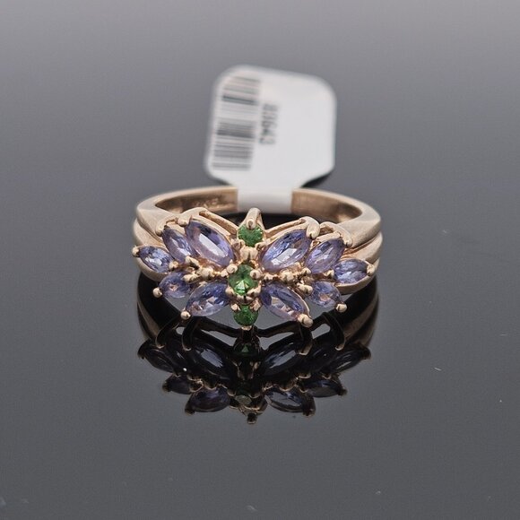 14K Yellow Gold Tanzanite & Emerald Flower Motif Cluster Gemstone Ring Size 8 - Picture 6 of 16